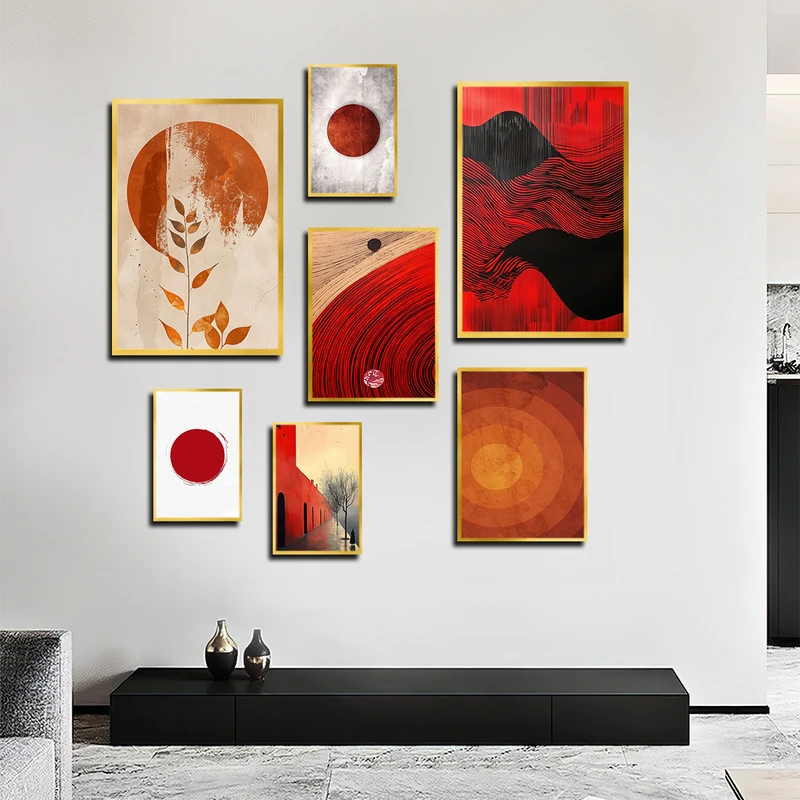 تابلو بکلیت طرح نقاشی ترکیبی مینیمال و انتزاعی مدل T-3388 فریم طلایی مجموعه 7 عددی