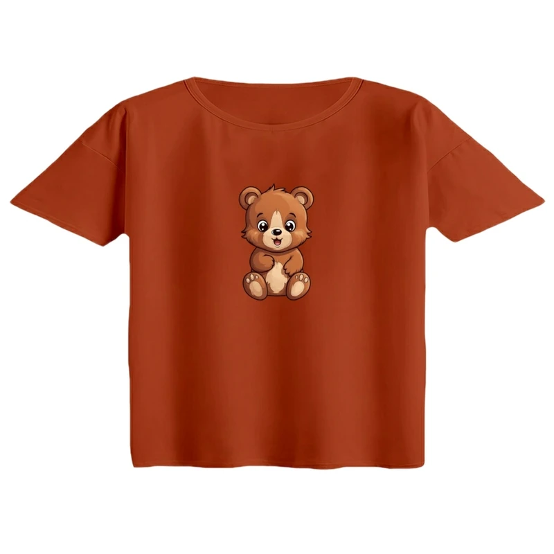 کراپ تی‌شرت آستین کوتاه زنانه مدل تدی کد 02 رنگ آجری تیره