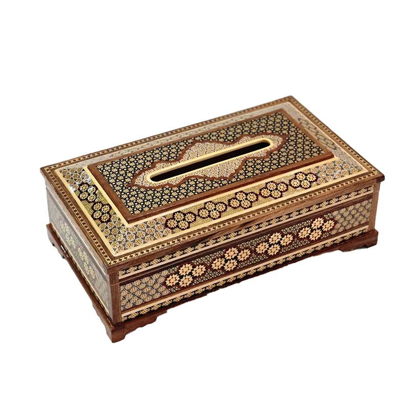 جعبه دستمال کاغذی خاتم کاری چوبی مدل کلبه ای لاله ای