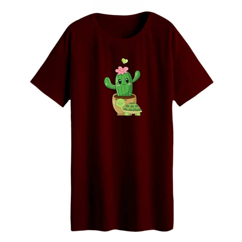 تی شرت لانگ زنانه مدل کاکتوس و لاکپشت رنگ زرشکی