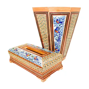 ست جعبه دستمال کاغذی و سطل خاتم کاری چوبی صنایع دستی فاخر مدل ممتاز طرح گل و مرغ برجسته کد Bl2926