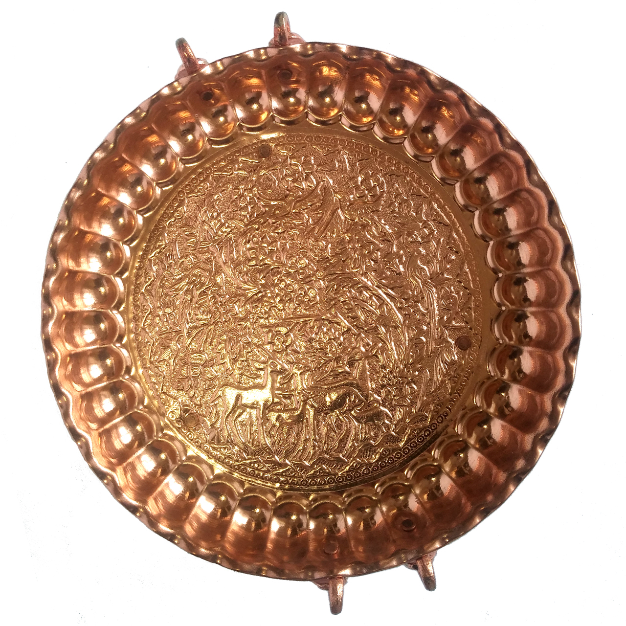 سینی مسی پایه دار طرح آهو قطر 30 سانتی متر