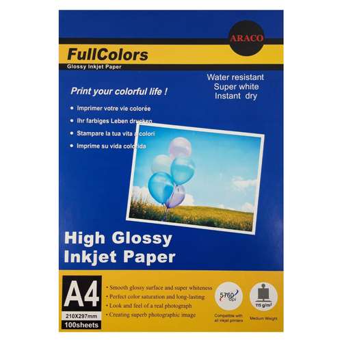 کاغذ چاپ عکس فتوگلاسه آراکو مدل 115g سایز A4 بسته 100 عددی
