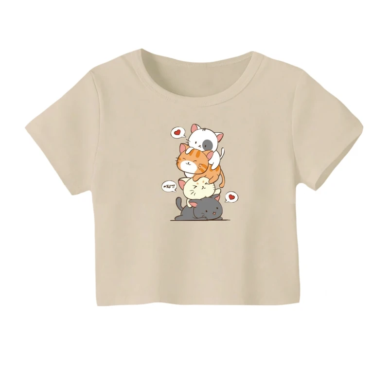 کراپ‌ تی‌شرت آستین کوتاه زنانه مدل گربه های چاق