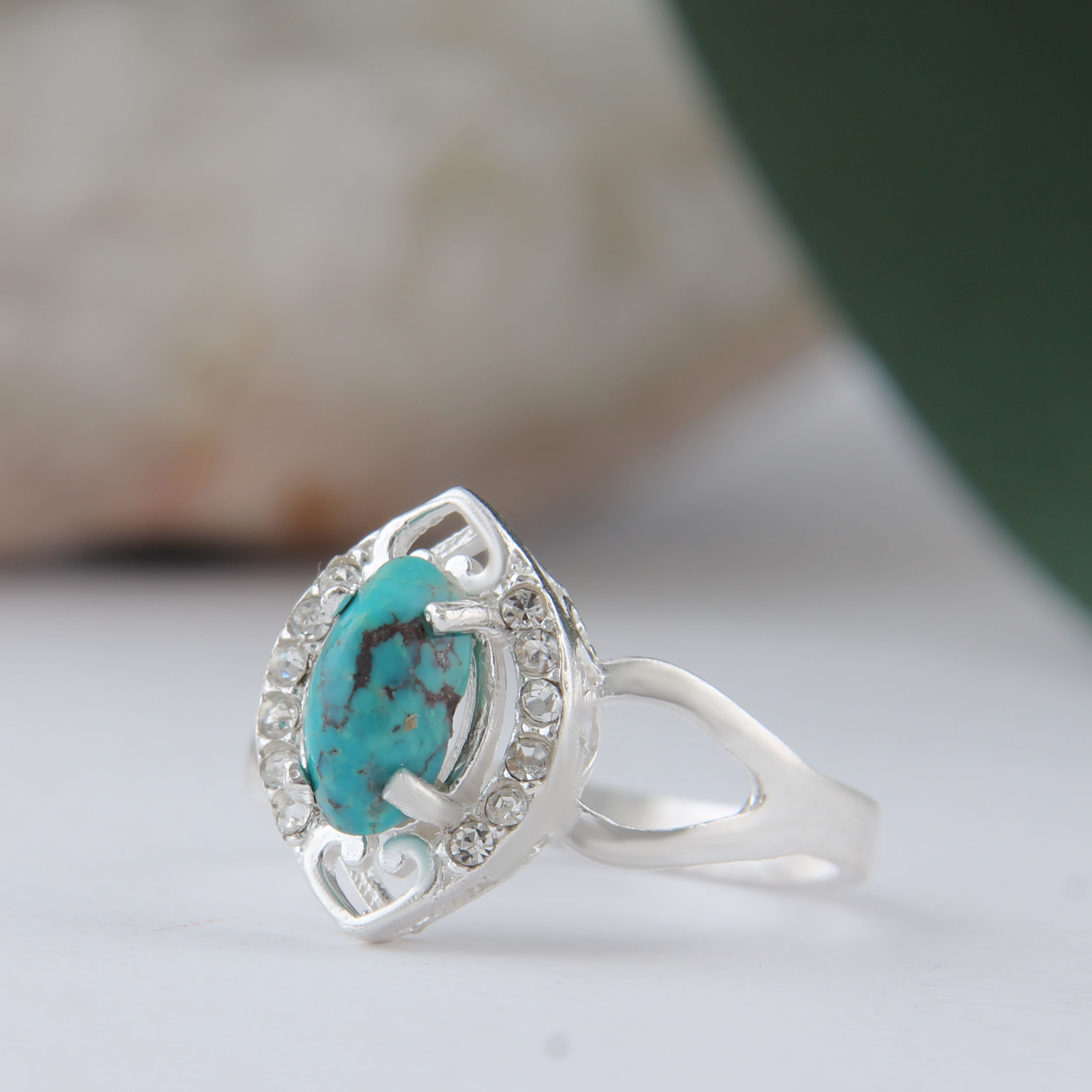 انگشتر نقره زنانه بازرگانی میلادی مدل رکاب مدرن سنگ فیروزه نگین برلیان کد AW_629