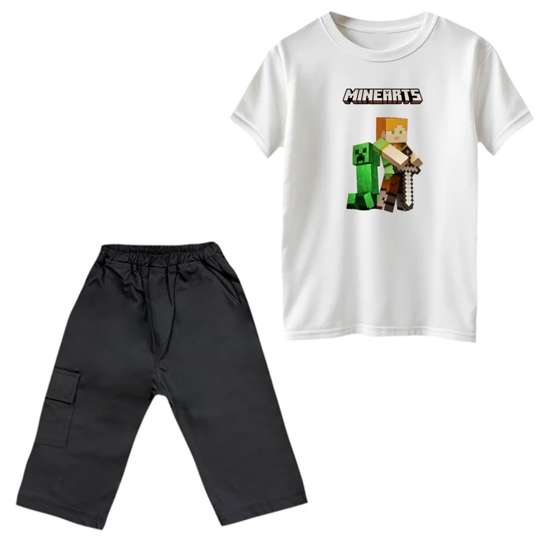 ست تی‌شرت و شلوارک پسرانه مدل ماینکرفت کد 5 رنگ سفید