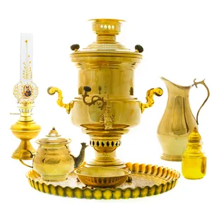 سرویس سماور ذغالی 7 پارچه برنجی مدل استوانه ای کد 4196
