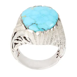 انگشتر نقره مردانه بازرگانی میلادی مدل سنگ فیروزه طبیعی نیشابور رکاب دست ساز سیاه قلم کد AM_2037