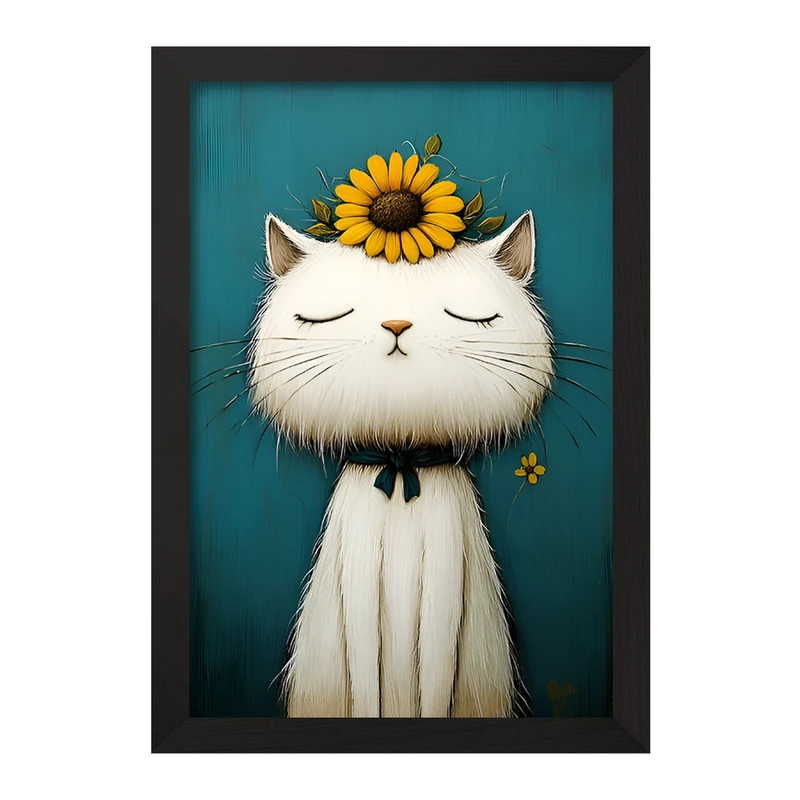 تابلو خندالو مدل گربه و گل آفتابگردان کد F12699