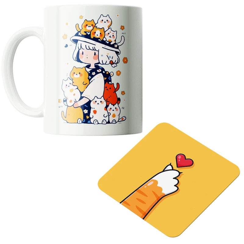 ماگ پاد آفرین مدل دخترانه طرح گربه کیوت فانتزی بامزه کارتونی کد PZ145 به همراه زیرلیوانی