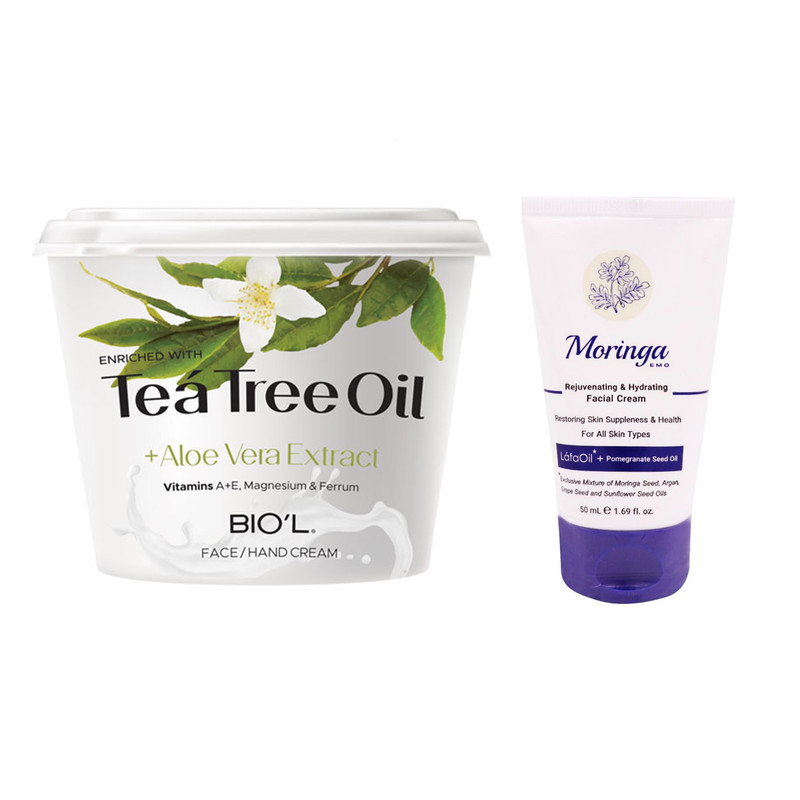 کرم آبرسان مورینگا امو مدل Rejuvenating حجم 50 میلی لیتر به همراه کرم دست و صورت بیول مدل Tea Tree Oil حجم 250 میلی لیتر