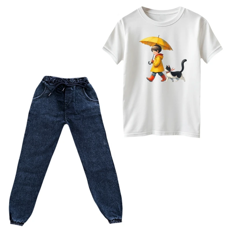 ست تی‌شرت و شلوار دخترانه مدل دخترک و گربه کد 2