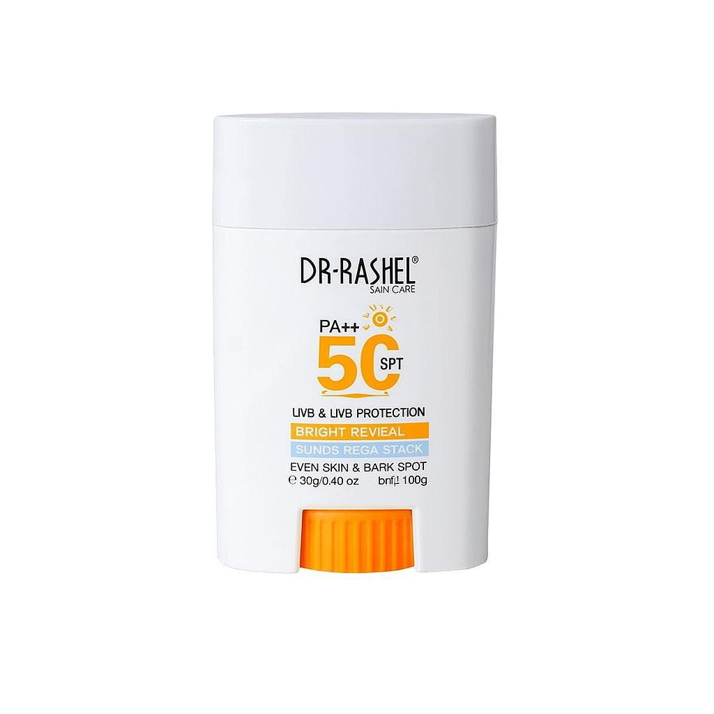 لوسیون ضد آفتاب  استیکی بدون رنگ دکتر راشل spf50 مدل bright reveal  محافظ UVA،UVB مناسب برای انواع پوست حجم 20 میلی لیتر