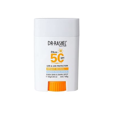 لوسیون ضد آفتاب  استیکی بدون رنگ دکتر راشل spf50 مدل bright reveal  محافظ UVA،UVB مناسب برای انواع پوست حجم 20 میلی لیتر
