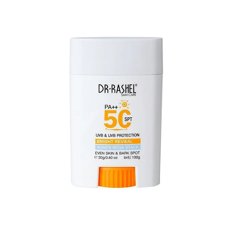لوسیون ضد آفتاب  استیکی بدون رنگ دکتر راشل spf50 مدل bright reveal  محافظ UVA،UVB مناسب برای انواع پوست حجم 20 میلی لیتر