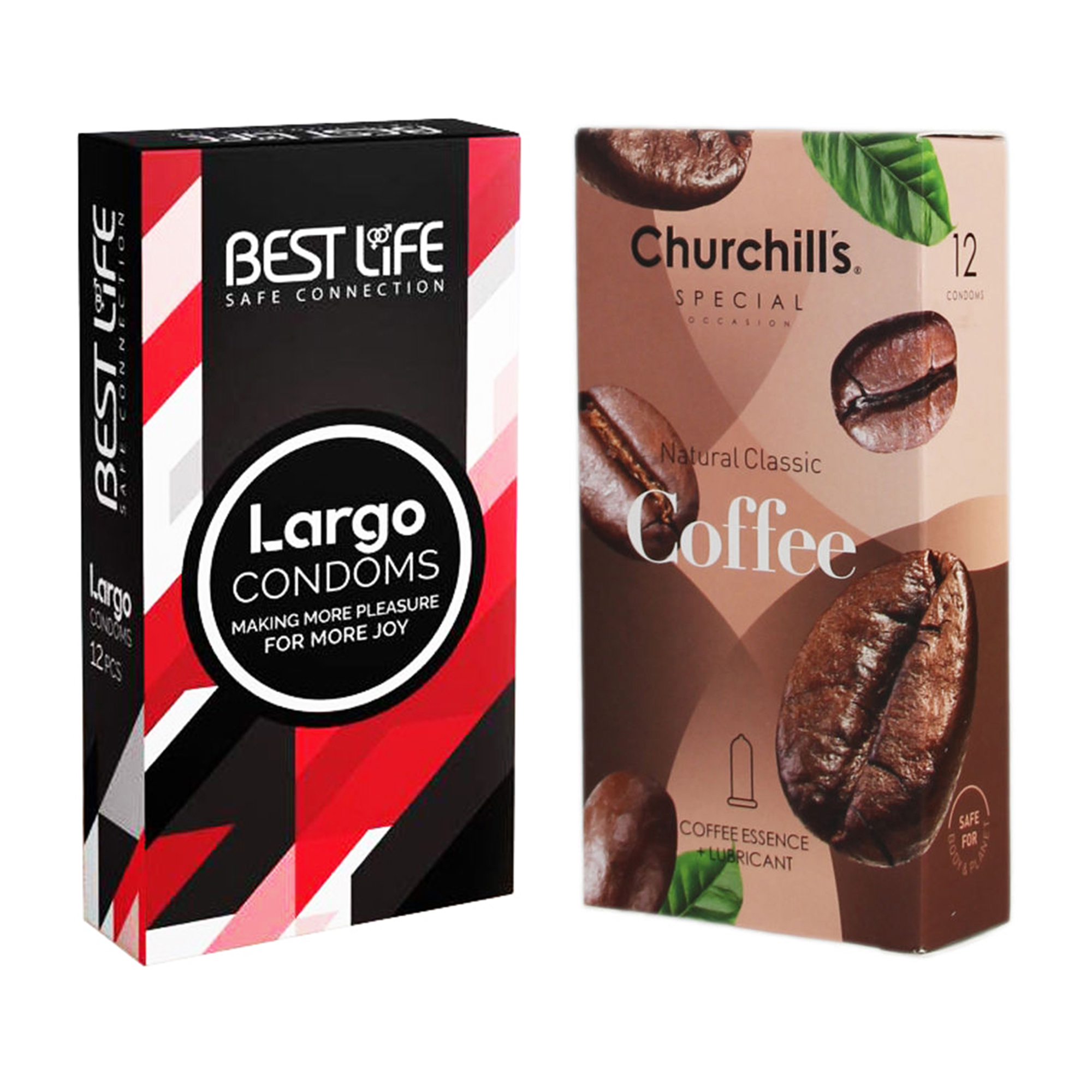 کاندوم چرچیلز مدل Coffee بسته 12 عددی به همراه کاندوم بست لایف مدل Largo بسته 12 عددی