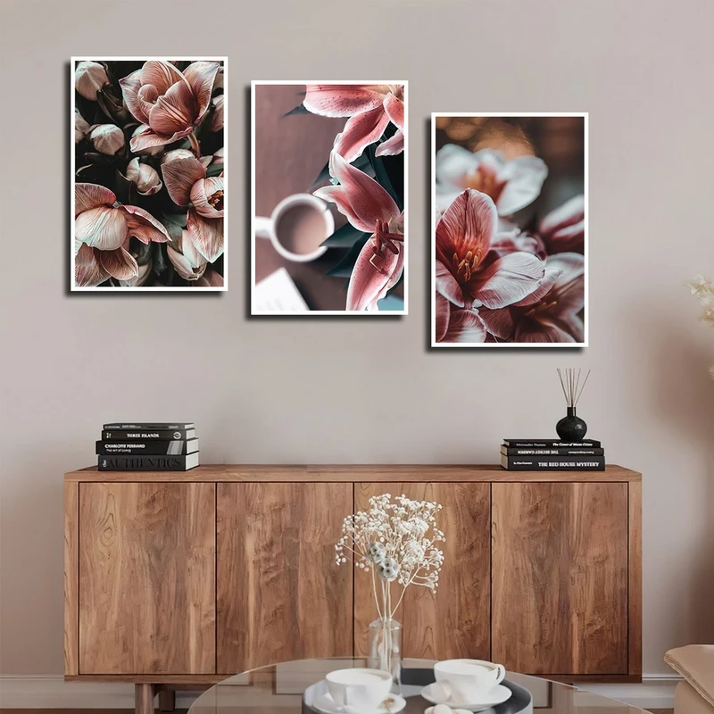 تابلو بکلیت طرح گل صورتی مدل W-3931 فریم سفید مجموعه 3 عددی