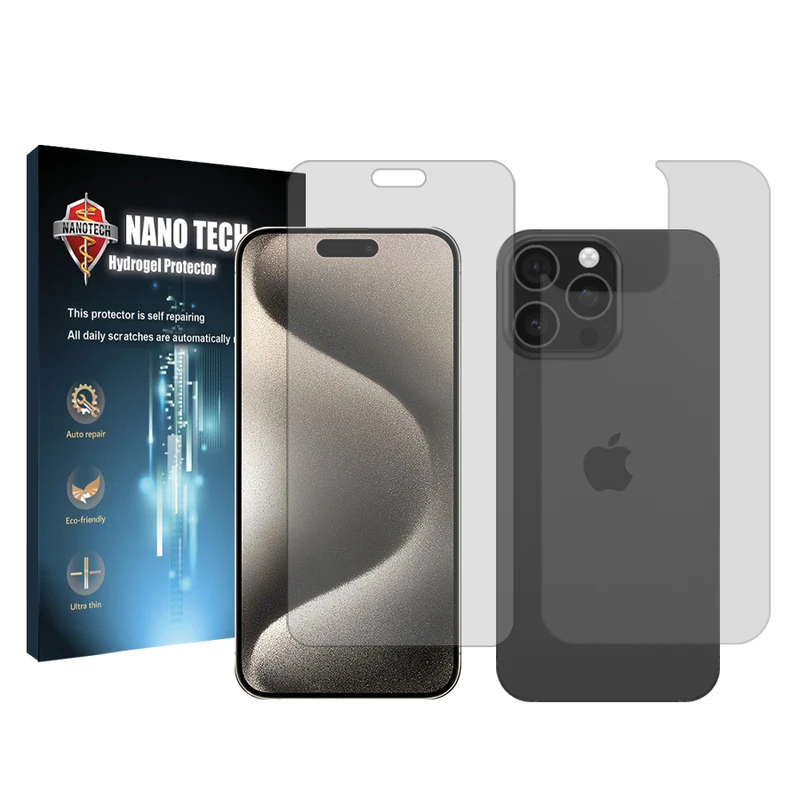 محافظ صفحه نمایش شفاف نانو تک مدل Tough مناسب برای گوشی موبایل اپل iPhone 15 Pro Max به همراه محافظ پشت گوشی