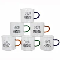 فنجان مدل شات قهوه پیرکس دسته رنگی طرح GOOD MORNING