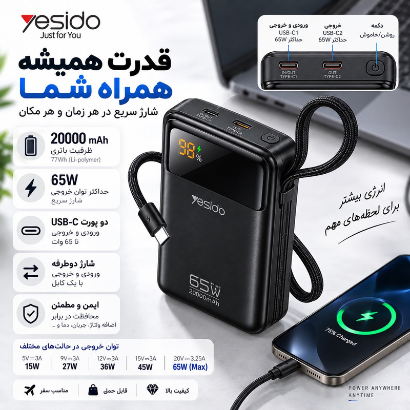 پاور بانک 65 وات یسیدو مدل YP97 PD ظرفیت 20000 میلی آمپر ساعت