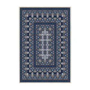 فرش ماشینی 1000 شانه اورکوم زمینه سرمه‌ای حاشیه آبی طرح مینیمال هانا کد OR.1115.02