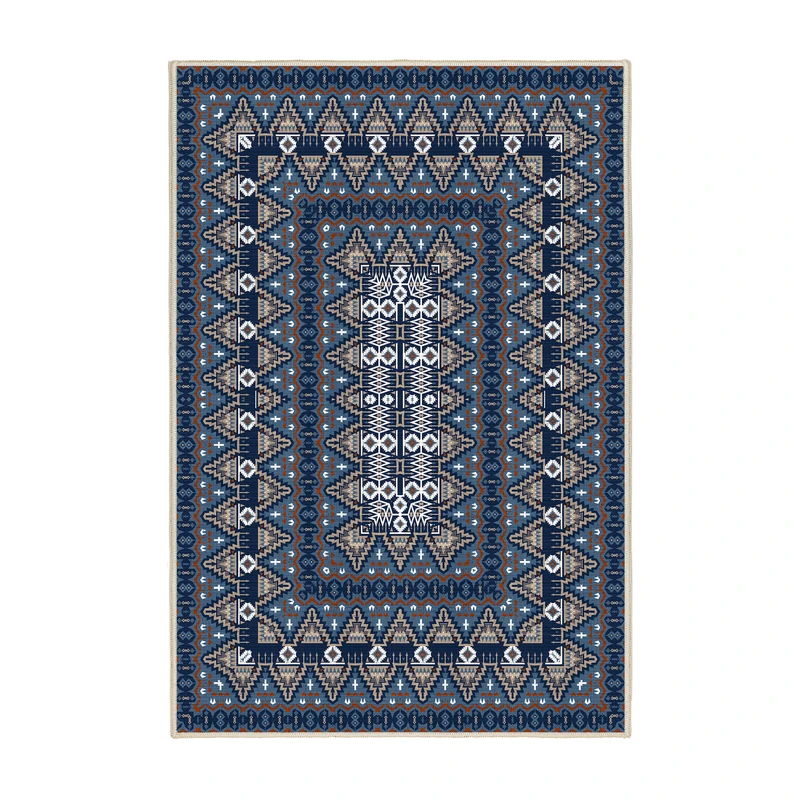 فرش ماشینی 1000 شانه اورکوم زمینه سرمه‌ای حاشیه آبی طرح مینیمال هانا کد OR.1115.02