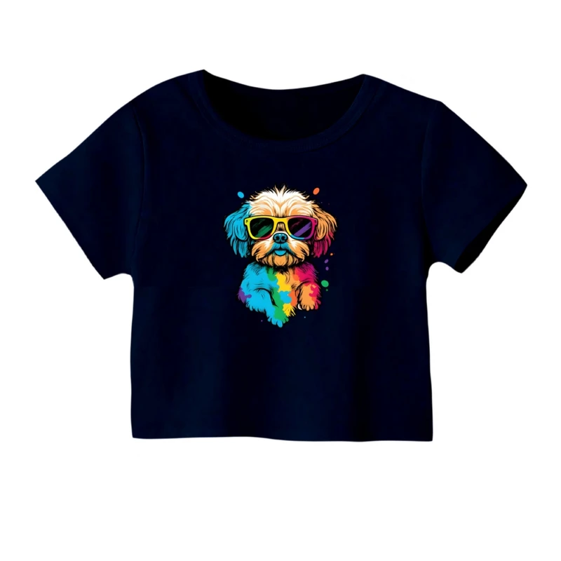 کراپ‌ تی‌شرت آستین کوتاه زنانه مدل سگ کارتونی
