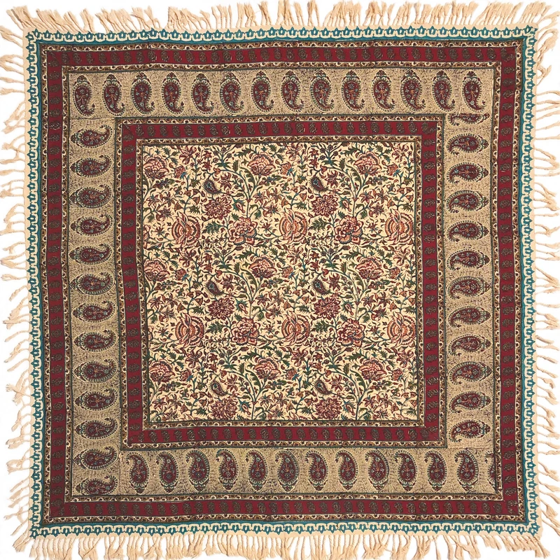رومیزی قلمکار ممتاز اصفهان اثر عطريان طرح گل صدپر قاجار مدل G119سایز ۱۰۰*۱۰۰ سانتی متر