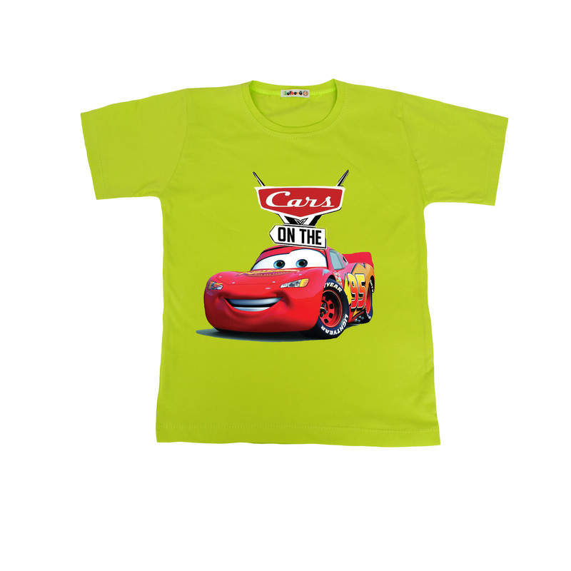 تی شرت آستین کوتاه پسرانه مدل ماشین ها رنگ سبز فسفری 