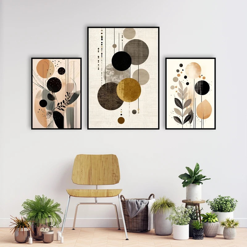 تابلو بکلیت مدل قاب شاسی طرح دکوراتیو مینیمال و هنری کد B-MR-1121  فریم مشکی مجموعه 3 عددی