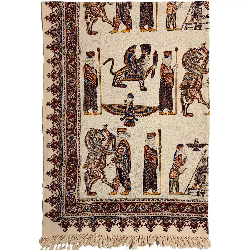 رومیزی قلمکار ممتاز اصفهان اثر عطريان طرح تخت جمشید مدل G128 سایز 135*200 سانتی متر