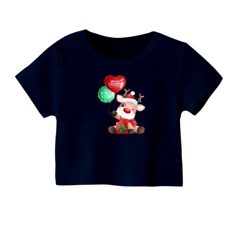 کراپ‌ تی‌شرت آستین کوتاه زنانه مدل گوزن کریسمس کد 13