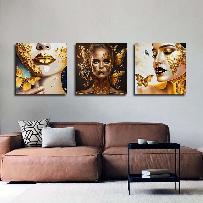 تابلو شاسی بکلیت طرح مدرن چهره و پروانه طلایی مدل SH-2451 مجموعه 3 عددی