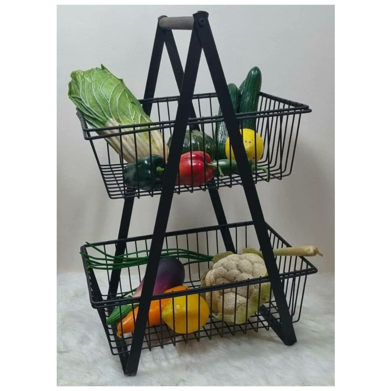 سبد سیب زمینی و پیاز مدل 2 طبقه طرح دسته چوبی