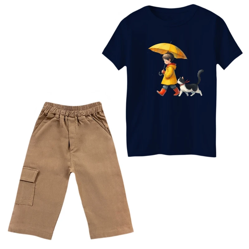 ست تی‌شرت و شلوارک دخترانه مدل دخترک و گربه کد 2