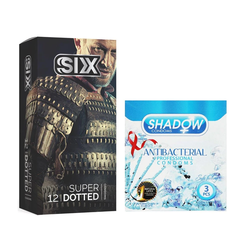 کاندوم سیکس مدل Super Dotted بسته 12 عددی به همراه کاندوم شادو مدل Anti Bacterial بسته 3 عددی