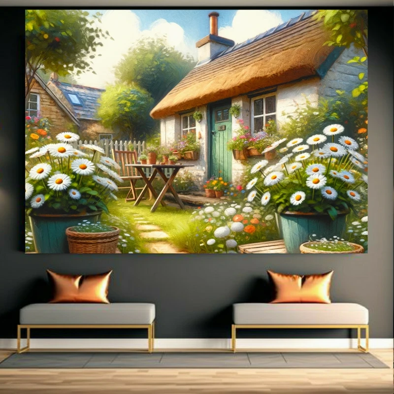 تابلو بوم طرح نقاشی خانه و باغچه بابونه کد FP104906