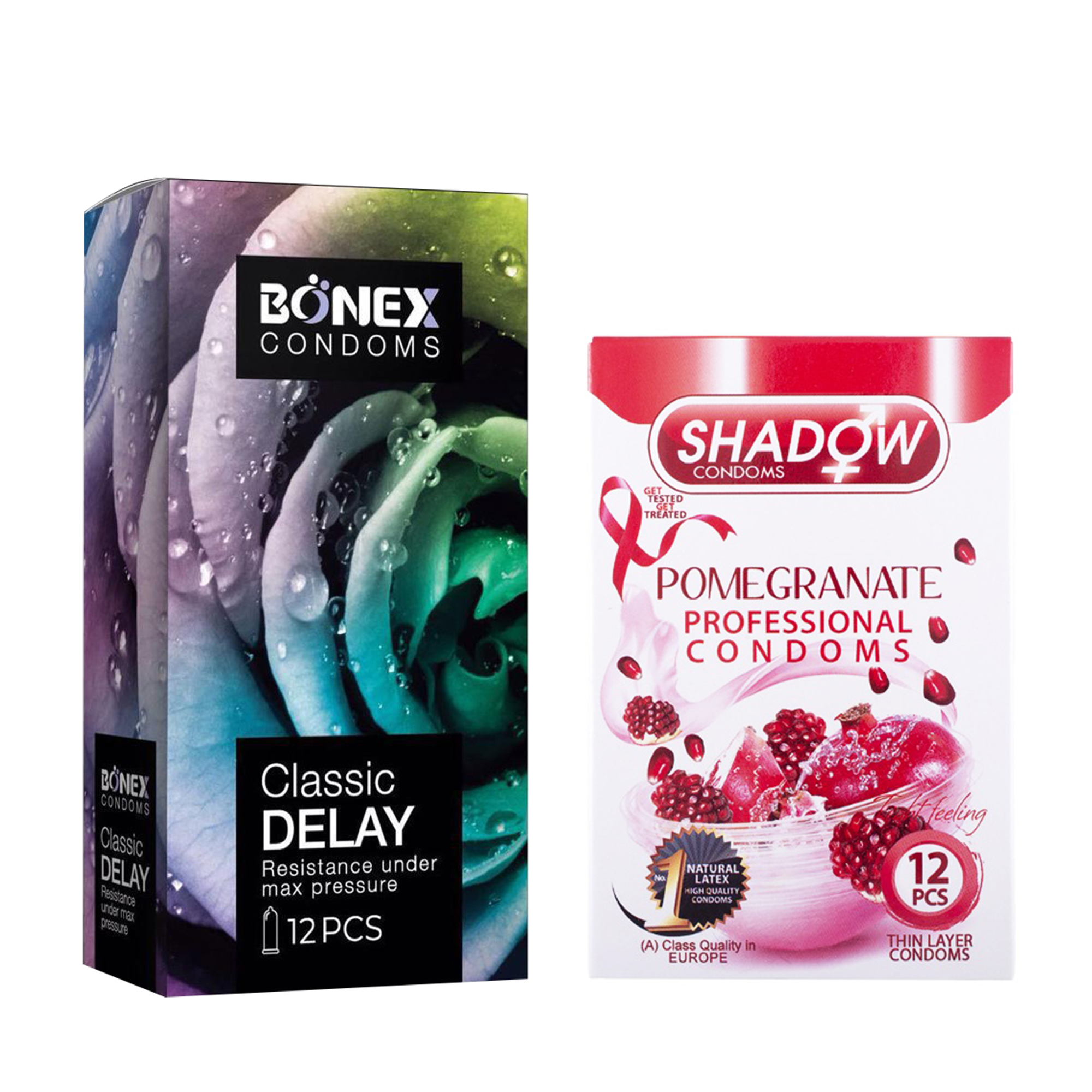 کاندوم بونکس مدل Classic Delay بسته 12 عددی به همراه کاندوم شادو مدل Pomegranate بسته 12 عددی