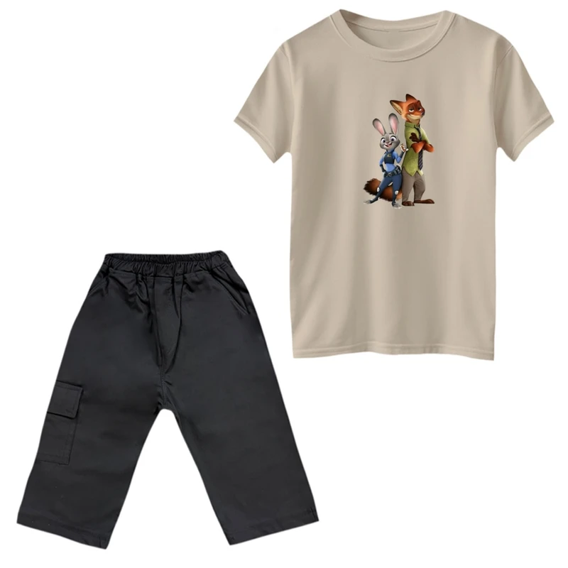 ست تی‌شرت و شلوارک پسرانه مدل زوتوپیا رنگ کرم 