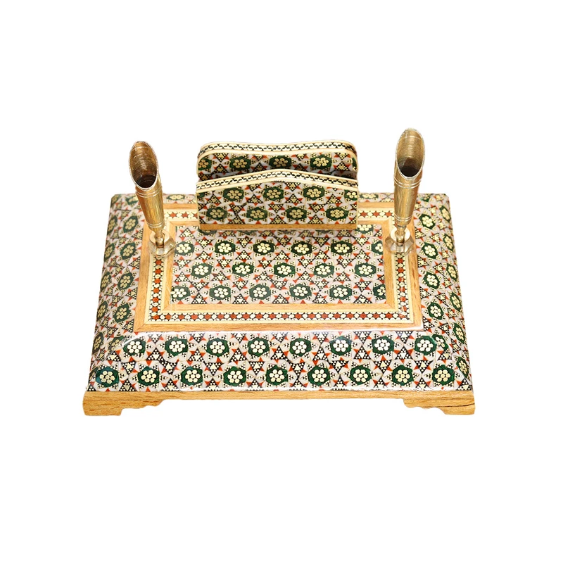 قلمدان خاتم کاری چوبی صنایع دستی فاخر مدل اداری طرح هفت شمسه کد 7sun15p10