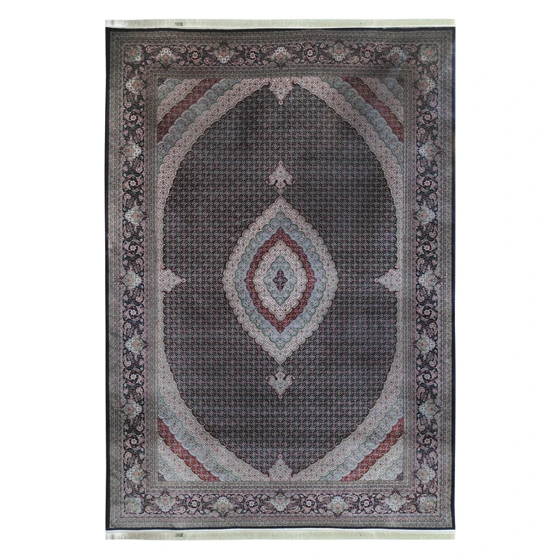 فرش ماشینی 1200 شانه اعلا نشان ایرانیان زمینه و حاشیه سرمه ای طرح ریز ماهی کد 1241