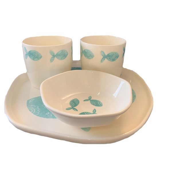 ست 4 تکه بشقاب و ماگ و کاسه سرامیکی طرح ماهی کد 5