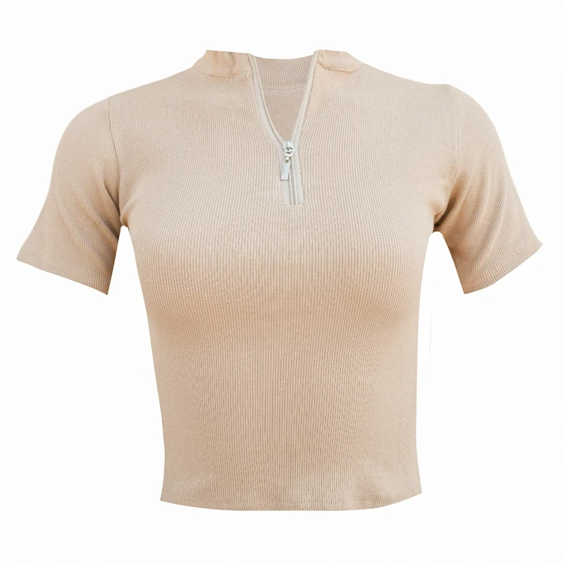 کراپ‌ تی‌شرت آستین کوتاه زنانه مدل کش کبریتی پنبه نیم زیپ ۱۰۱۸