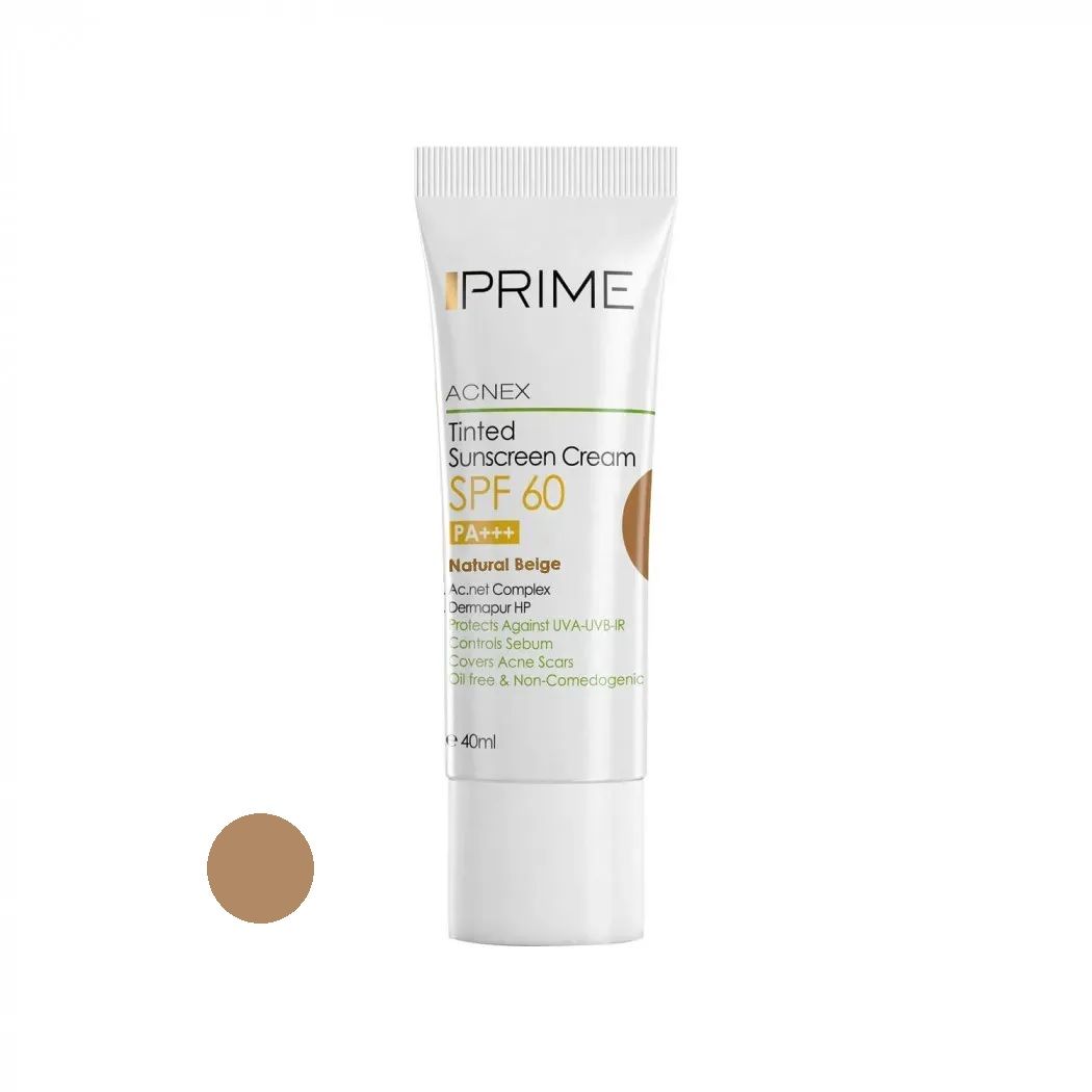کرم ضدآفتاب رنگی پرایم، 60 SPF، مدل 02، مناسب پوست چرب و مختلط تنالیته رنگ متوسط و حجم 40 میلی‌لیتر، محافظت کننده در برابر اشعه UVA،IRو UVB، کنترل کننده ترشح سبوم، فاقد چربی و غیر کومدون‌زا، +++PA، پوشش دهنده جای جوش، با ماندگاری 3 ساعته -  - 1