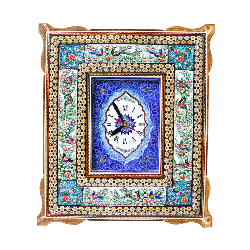 ساعت دیواری خاتم کاری مدل یونیک طرح گل و مرغ برجسته کد 50p44