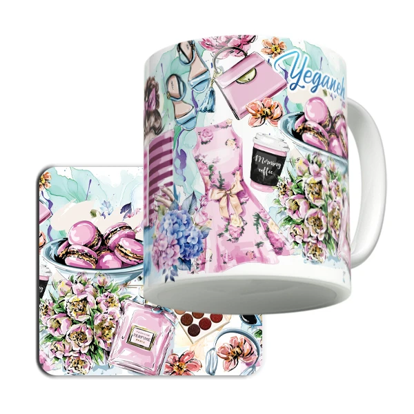 ماگ لاژید مدل اسم یگانه  طرح نقاشی آبرنگ به همراه زیر لیوانی