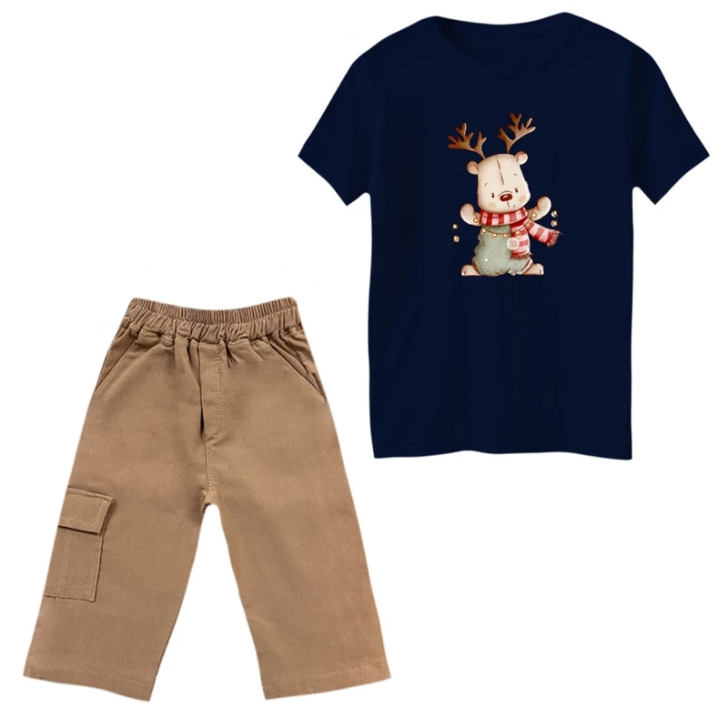 ست تی‌شرت و شلوارک پسرانه مدل گوزن و شال گردن