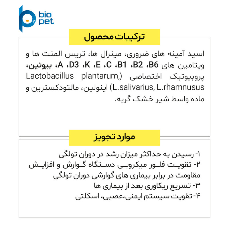 پودر مکمل گربه بایو پت مدل kitten وزن 200 گرم