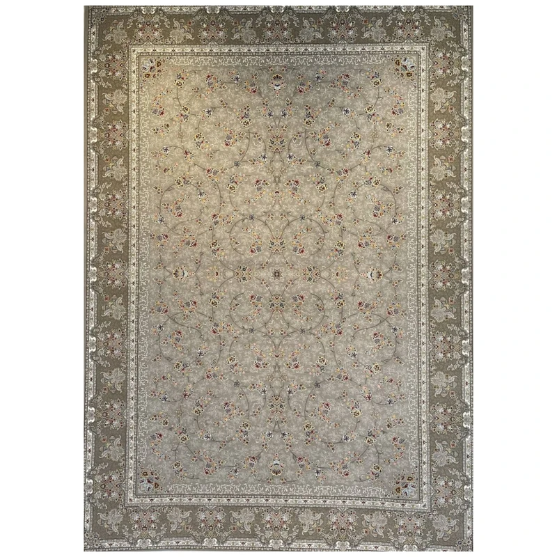 فرش ماشینی 1200 شانه زمینه نقره‌ای حاشیه نسکافه ای مدل روژان سیلور تراکم 3600