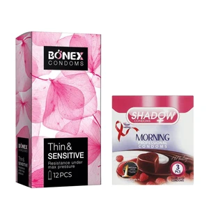 کاندوم بونکس مدل Thin &amp; Sensitive بسته 12 عددی به همراه کاندوم شادو مدل Morning بسته 3 عددی